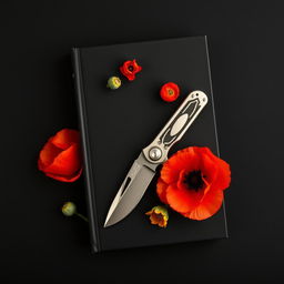 A black book cover featuring a pocket knife surrounded by blooming poppy flowers