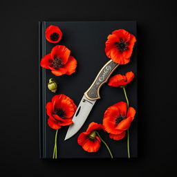 A black book cover featuring a pocket knife surrounded by blooming poppy flowers