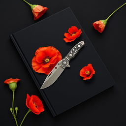 A black book cover featuring a pocket knife surrounded by blooming poppy flowers