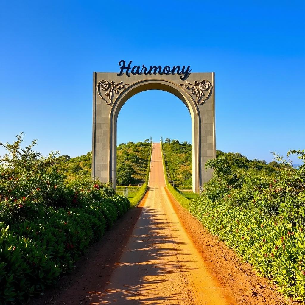 A giant archway positioned prominently atop a hill, with a dirt road stretching into the background