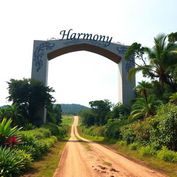 A giant archway positioned prominently atop a hill, with a dirt road stretching into the background