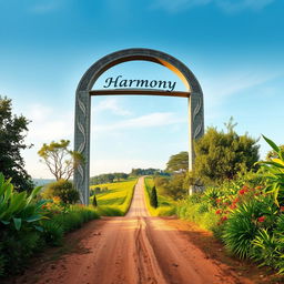 A giant archway positioned prominently atop a hill, with a dirt road stretching into the background