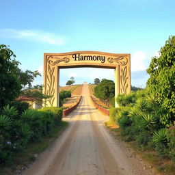 A giant archway positioned prominently atop a hill, with a dirt road stretching into the background