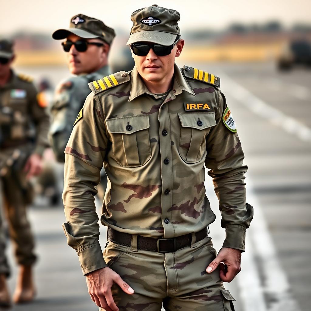 A soldier wearing a long-sleeve camouflage shirt, featuring two epaulets on the shoulders each with four yellow stripes