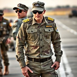 A soldier wearing a long-sleeve camouflage shirt, featuring two epaulets on the shoulders each with four yellow stripes