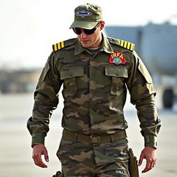 A soldier wearing a long-sleeve camouflage shirt, featuring two epaulets on the shoulders each with four yellow stripes