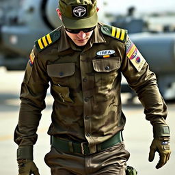 A soldier wearing a long-sleeve camouflage shirt, featuring two epaulets on the shoulders each with four yellow stripes