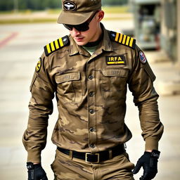 A soldier wearing a long-sleeve camouflage shirt, featuring two epaulets on the shoulders each with four yellow stripes