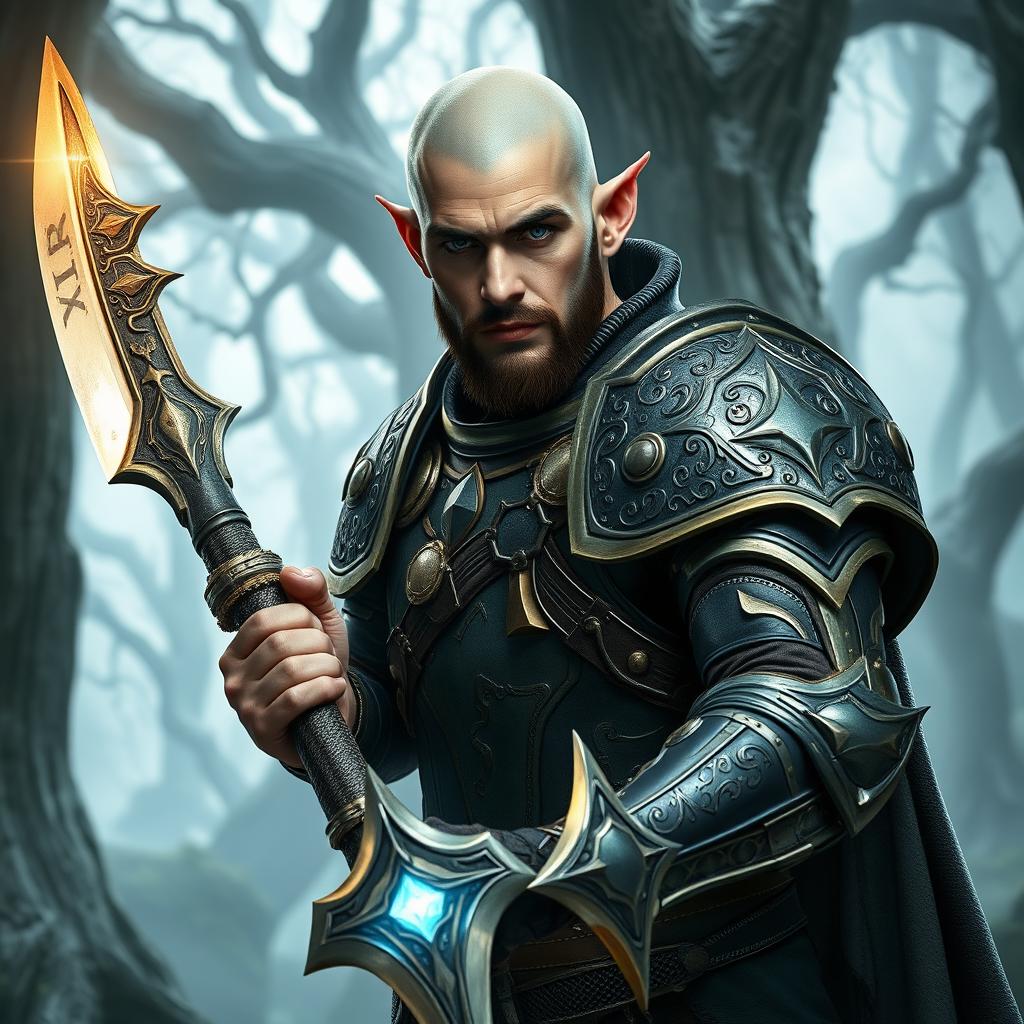 A bald, half-elf, adult man dressed as a fantasy paladin