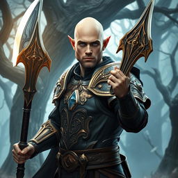 A bald, half-elf, adult man dressed as a fantasy paladin