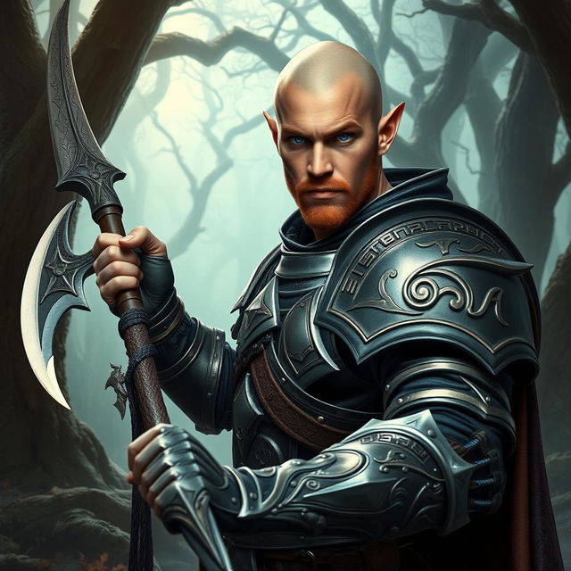 A bald, half-elf, adult man dressed as a fantasy paladin