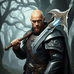 A bald, half-elf, adult man dressed as a fantasy paladin