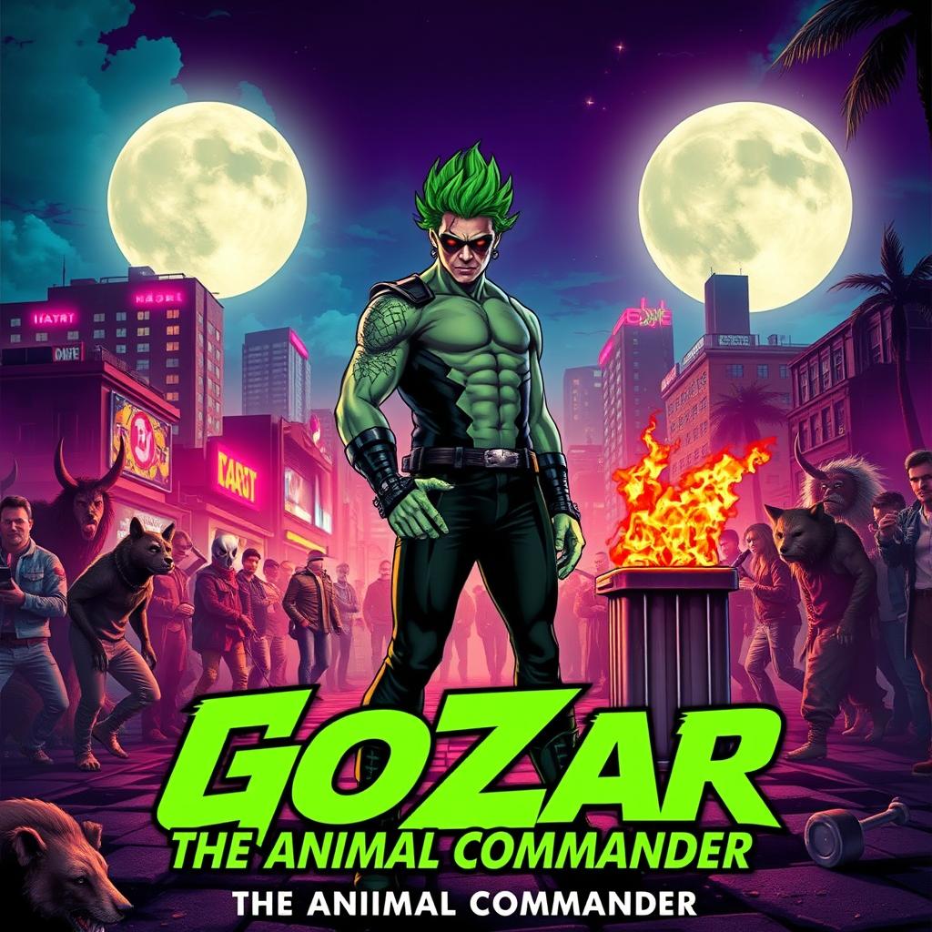 A striking book cover featuring a male superhero with green hair, standing confidently amidst a goth punk rock-inspired, futuristic Miami night scene