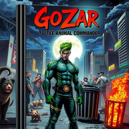 A striking book cover featuring a male superhero with green hair, standing confidently amidst a goth punk rock-inspired, futuristic Miami night scene