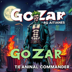 A striking book cover featuring a male superhero with green hair, standing confidently amidst a goth punk rock-inspired, futuristic Miami night scene