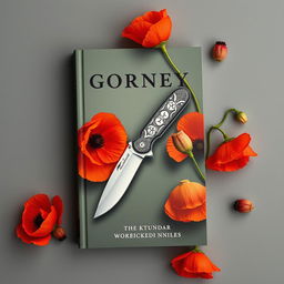 A book cover featuring a pocket knife surrounded by blooming poppy flowers