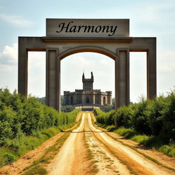 A giant archway positioned prominently atop a hill, with a dirt road stretching into the background