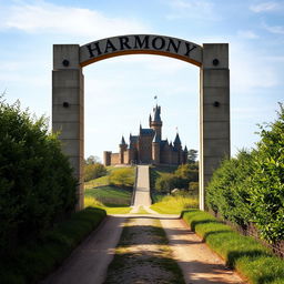 A giant archway positioned prominently atop a hill, with a dirt road stretching into the background