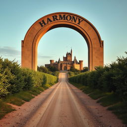 A giant archway positioned prominently atop a hill, with a dirt road stretching into the background