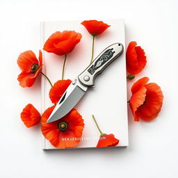 A book cover featuring a pocket knife surrounded by blooming poppy flowers