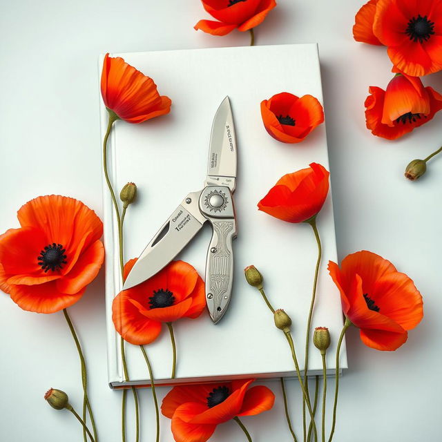 A book cover featuring a pocket knife surrounded by blooming poppy flowers