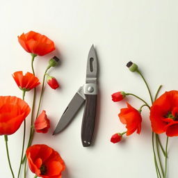 A book cover featuring a pocket knife surrounded by blooming poppy flowers