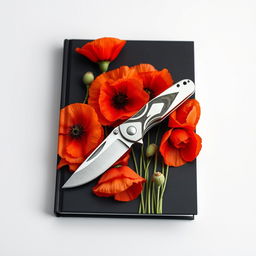 A book cover featuring a pocket knife surrounded by blooming poppy flowers