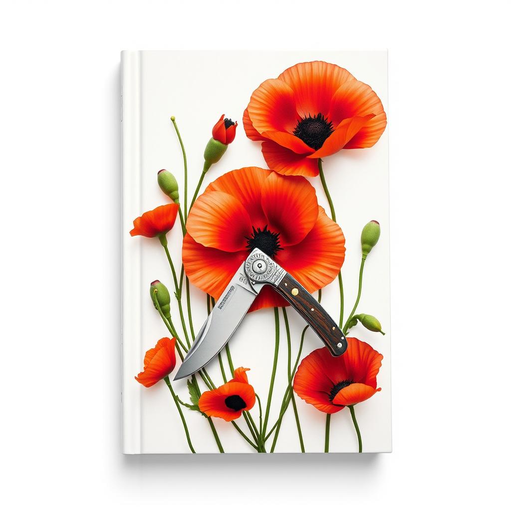 A book cover featuring a pocket knife surrounded by blooming poppy flowers