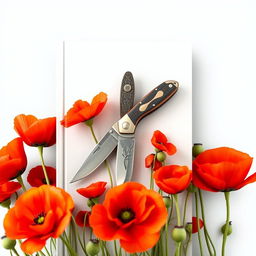 A book cover featuring a pocket knife surrounded by blooming poppy flowers