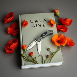 A book cover featuring a pocket knife surrounded by blooming poppy flowers