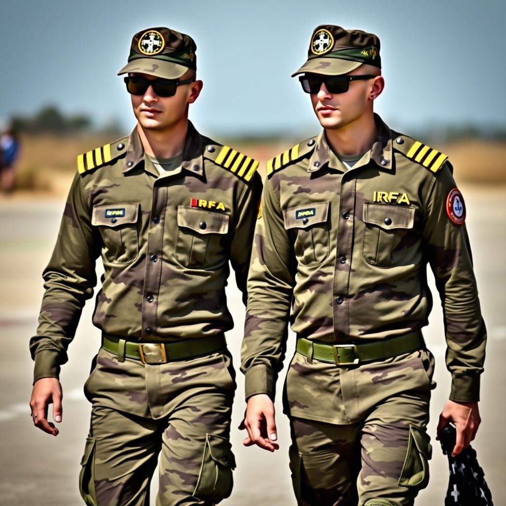 Two soldiers wearing long-sleeve camouflage shirts, each with two epaulets on the shoulders displaying four golden stripes