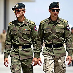 Two soldiers wearing long-sleeve camouflage shirts, each with two epaulets on the shoulders displaying four golden stripes