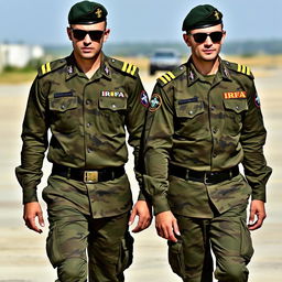 Two soldiers wearing long-sleeve camouflage shirts, each with two epaulets on the shoulders displaying four golden stripes