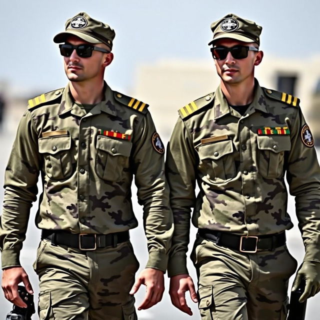 Two soldiers wearing long-sleeve camouflage shirts, each with two epaulets on the shoulders displaying four golden stripes