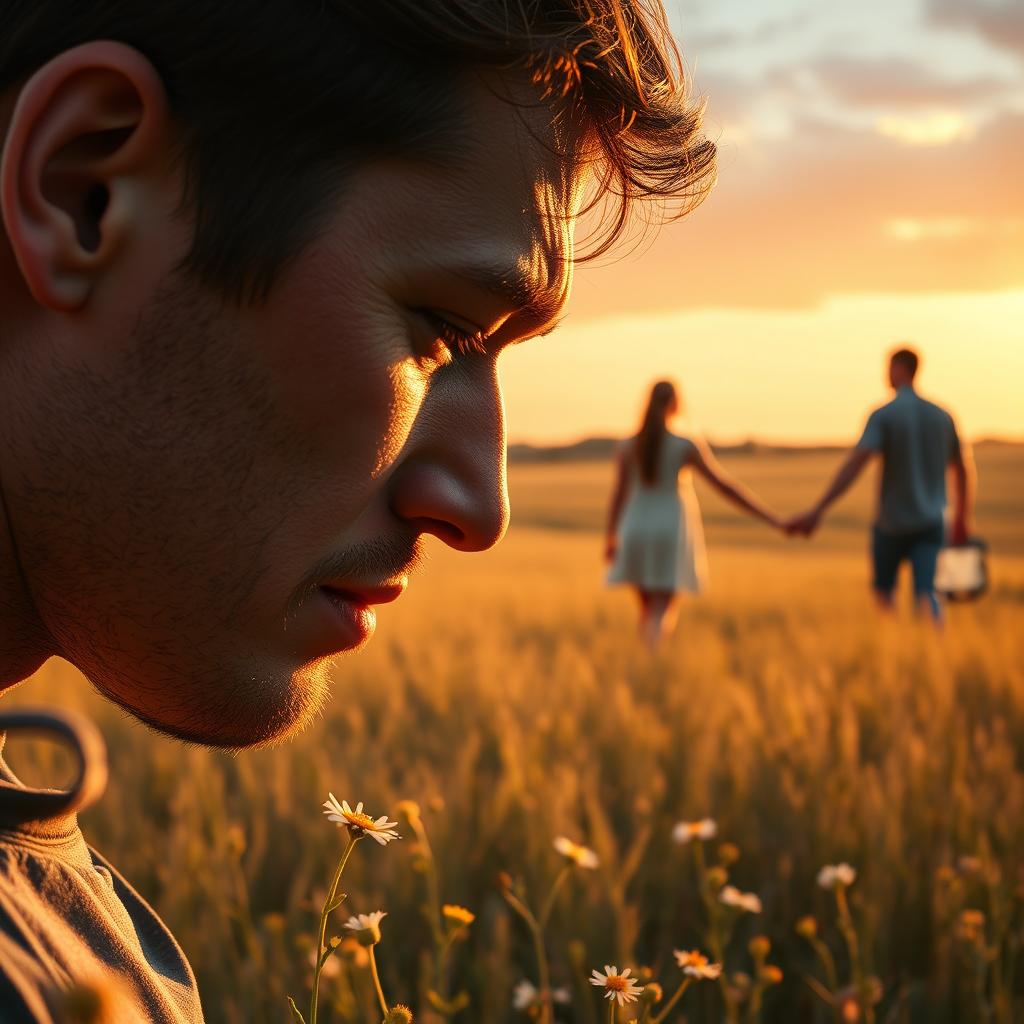 A man crying in a field, visibly heartbroken, as his girlfriend walks away in the background with another man