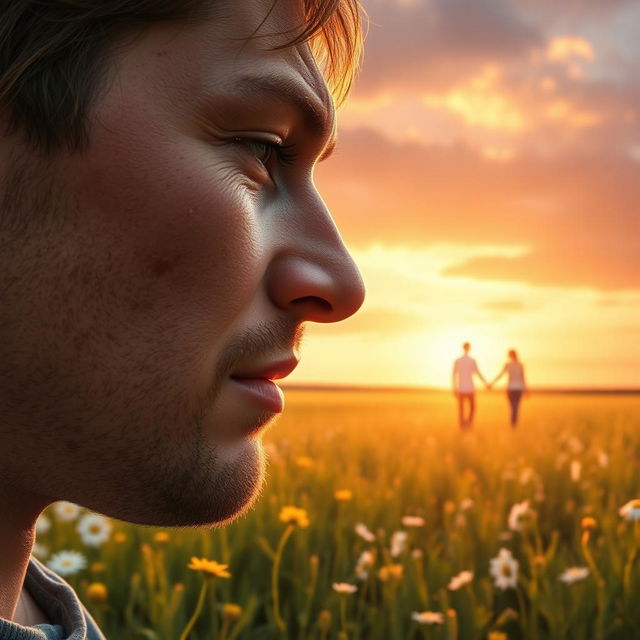 A man crying in a field, visibly heartbroken, as his girlfriend walks away in the background with another man