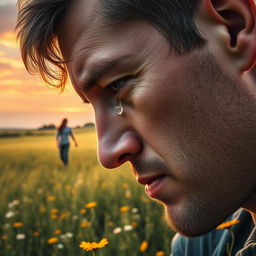 A man crying in a field, visibly heartbroken, as his girlfriend walks away in the background with another man