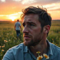 A man crying in a field, visibly heartbroken, as his girlfriend walks away in the background with another man