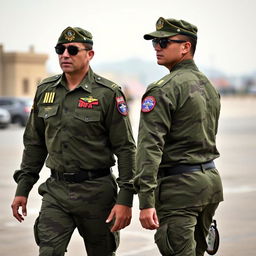 Two soldiers wearing long-sleeve camouflage shirts, each with small epaulets on the shoulders displaying four golden lines