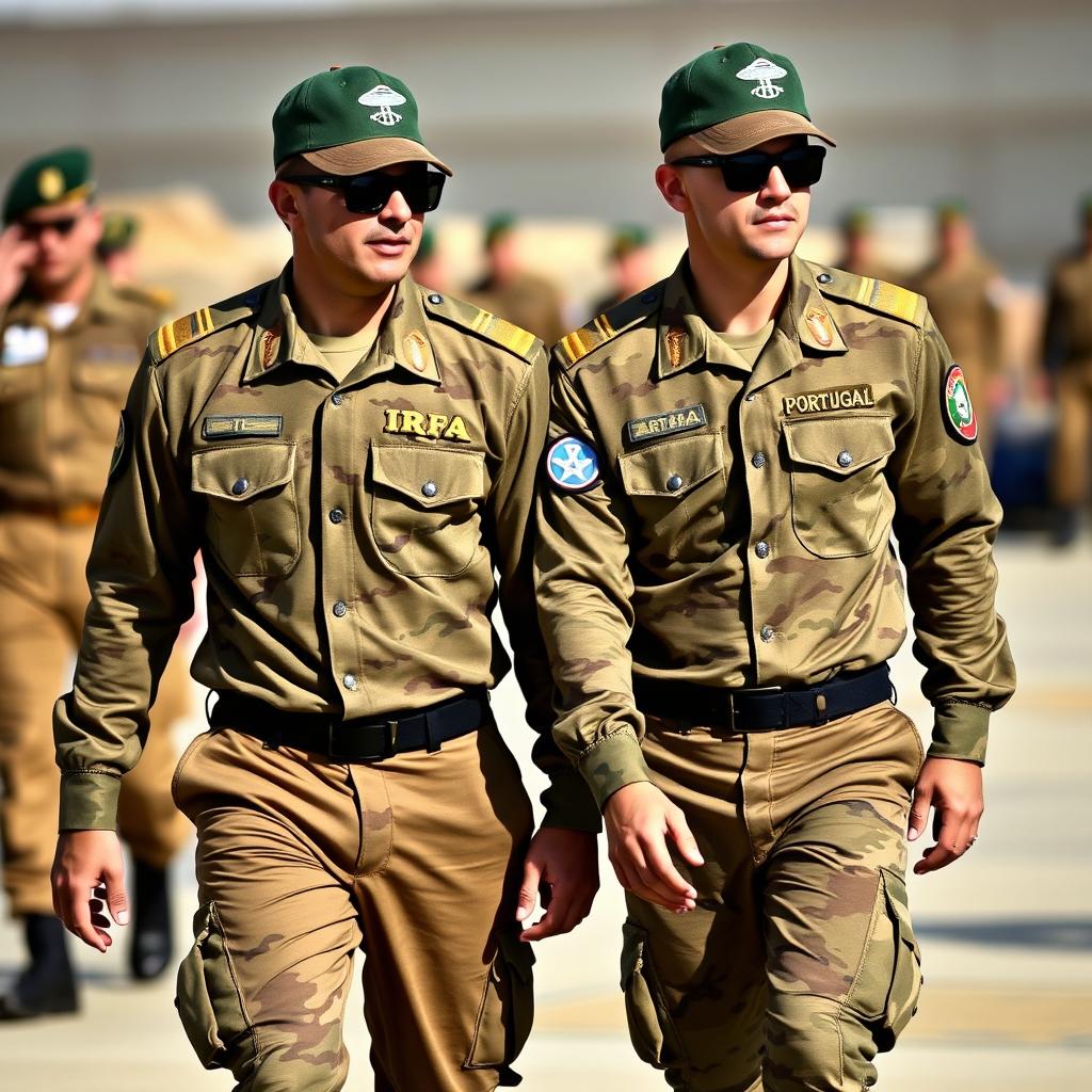 Two soldiers wearing long-sleeve camouflage shirts, each with small epaulets on the shoulders displaying four golden lines