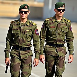 Two soldiers wearing long-sleeve camouflage shirts, each with small epaulets on the shoulders displaying four golden lines