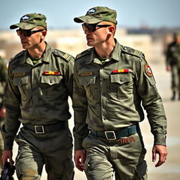 Two soldiers wearing long-sleeve camouflage shirts, each with small epaulets on the shoulders displaying four golden lines