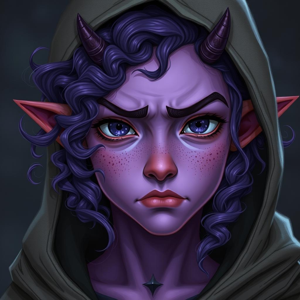 A youthful female tiefling with violet skin and curly long hair