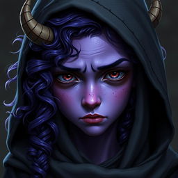 A youthful female tiefling with violet skin and curly long hair