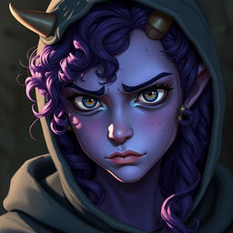 A youthful female tiefling with violet skin and curly long hair