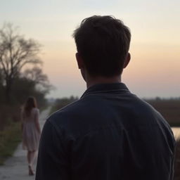 A man standing in the foreground with a forlorn expression as he watches his girlfriend walking away into the distance