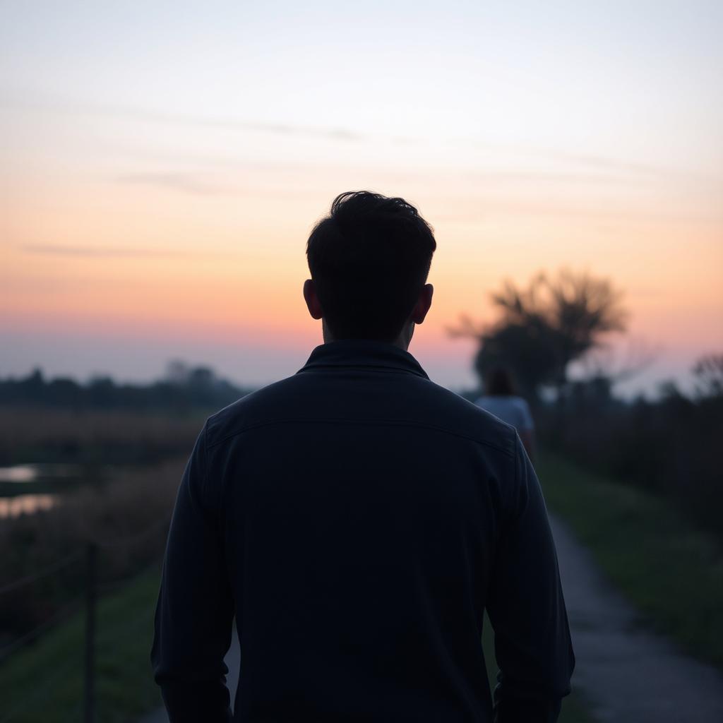 A man standing in the foreground with a forlorn expression as he watches his girlfriend walking away into the distance