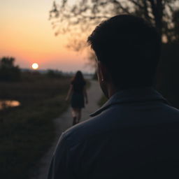 A man standing in the foreground with a forlorn expression as he watches his girlfriend walking away into the distance