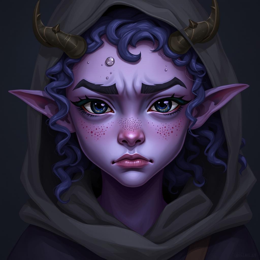 A youthful female tiefling with violet skin and curly long hair