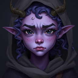 A youthful female tiefling with violet skin and curly long hair